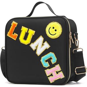 Insulated Lunch Bag Women Lunch Box Kids for Teen Girls Boys, Cute Preppy Lunch Boxes With Adjustable Shoulder Strap, Waterproof Nylon Lunchbox Lunch Bags for School Work Picnic (Black)