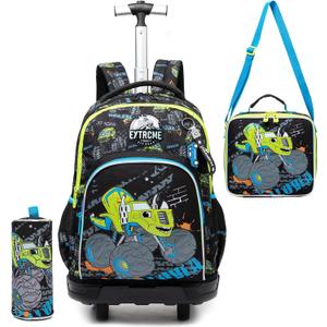 Kids Rolling Backpack for Boys Backpack with Wheels for School Backpacks for Boys Kids Bookbag for Primary Middle School Students with Lunch Box Set (Black Car)