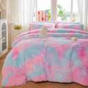 Faux Fur Kids Girls Purple Rainbow Comforter Sets Twin/Full - 3PC Bed Set Warm Comfortable Soft Plush Flannel Velvet Fluffy Fuzzy BeddingComforter x 1 Pillowcases x 2