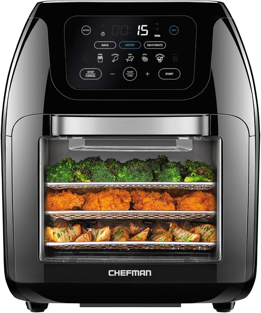 CHEFMAN Multifunctional Digital Air Fryer+ Rotisserie, Dehydrator, Convection Oven, 17 Touch Screen Presets Fry, Roast, Dehydrate, Bake, XL 10L Family Size, Auto Shutoff, Large Easy-View Window, Black, 10 Quart