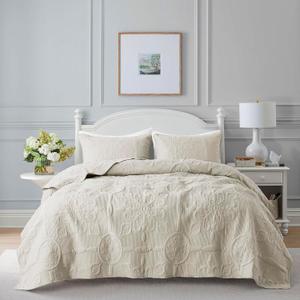 Light Beige Damask Quilt Queen Size Bedding Sets with 2 Pillow Shams, Boho Bedspread Lightweight Soft Farmhouse Vintage Bohemian Coverlet Retro Jacquard Pattern Bed Cover for All Season, 3 Pieces (Wheat)