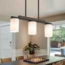 Mecgirn Farmhouse Dining Room Light Fixtures Over Table, Black Pendant Lights for Kitchen Island with Milk Glass Shade, 3 Light Linear Chandelier Lighting with Wood