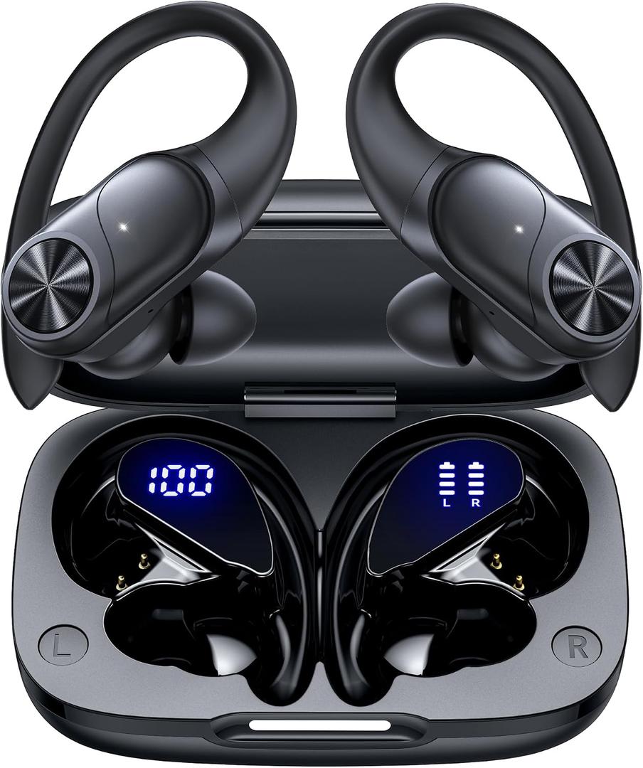 PocBuds Bluetooth Headphones Wireless Earbuds 80hrs Playtime Wireless Charging Case Digital Display Sports Ear Buds with Earhook Deep Bass IPX7 Waterproof Over-Ear Earphones for TV Phone Laptop Black