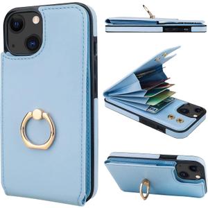 Folosu Compatible with iPhone 14 Case Wallet with Card Holder, 360Rotation Finger Ring Holder Kickstand, RFID Blocking Leather Protective Double Buttons Shockproof Cover 6.1 Inch Blue