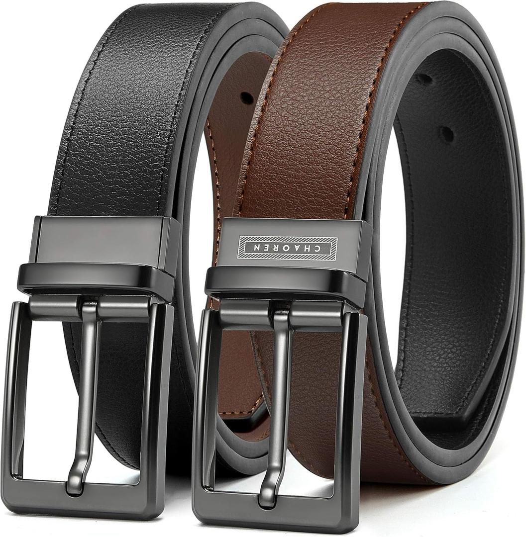 CHAOREN Mens Belt 1 Piece  Leather Reversible Belt Men for Dress Pants - Single Belt, 2 Colors (36"-38"waist Adjustable, Black/Dark Brown)
