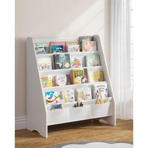 SEIRIONE Sturdy Kids Bookshelf, Eco-Safe 4-Tier Sling Bookshelf for Kids Room with Tear-Proof Oxford Fabric, Ideal Height for Easy Book Access, Deep Slings to Keep Books Upright, White/Wood Texture