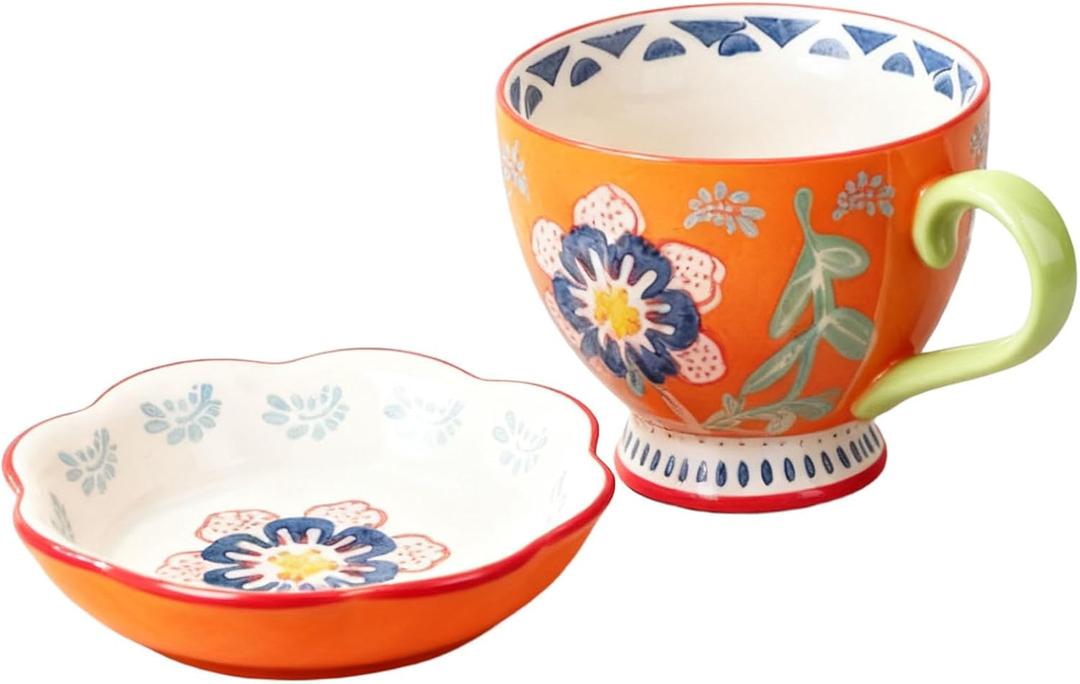 Soup Mug with Handle, 19oz Ceramic Soup Bowl with 2-in-1 Lid Tray, Stackable Mug and Cover for Soup, Oatmeal, Coffee, Cocoa & Meals, Microwave Oven Dishwasher Safe, Lead-Free Stoneware-Warm Orange