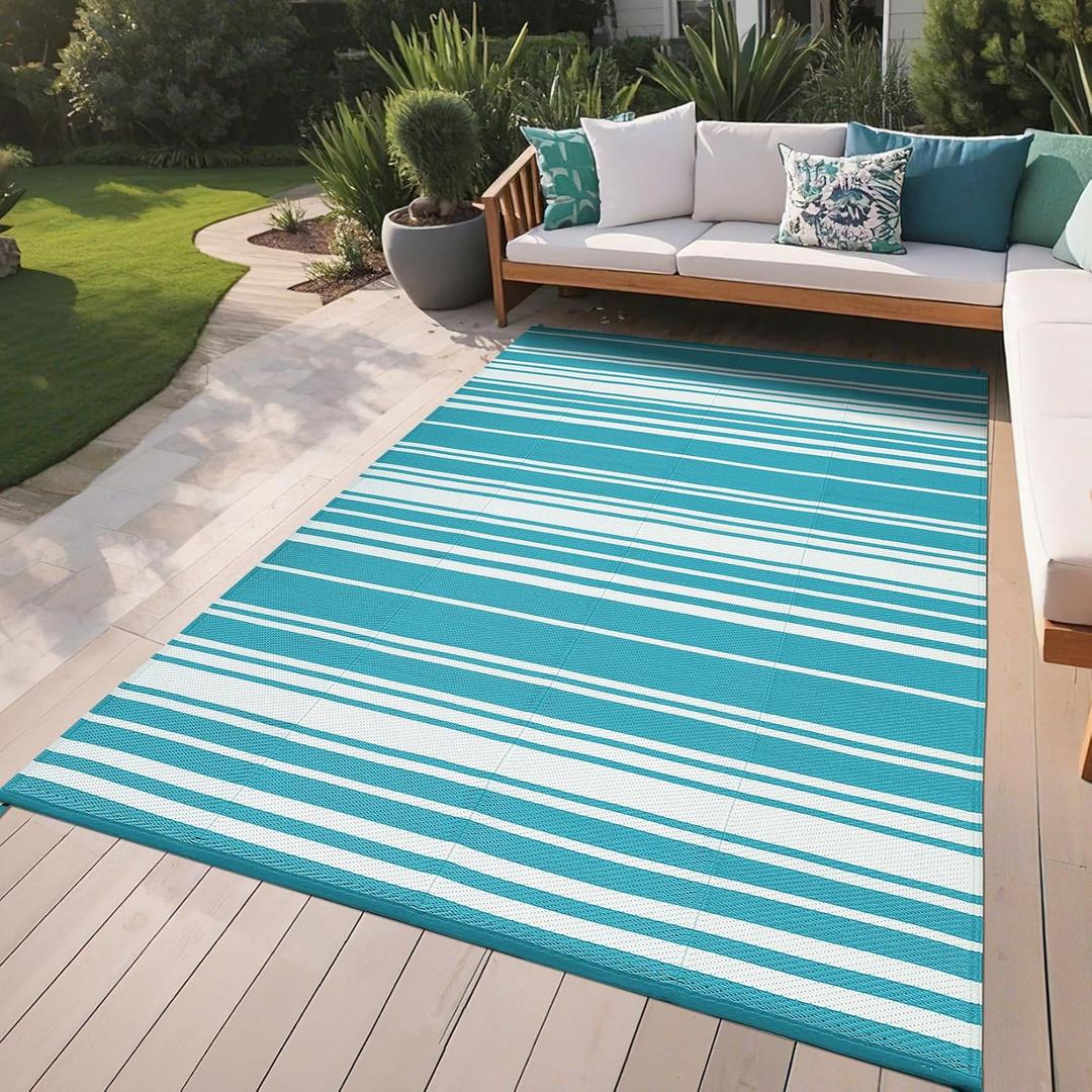 GarveeHome Outdoor Rug Mat for Patio, 9x12 Plastic Straw Rug, Modern Striped Outdoor Camping Rugs for Patio, RV, Porch, Deck, Backyard, Balcony, Camping, Trailer (Blue)