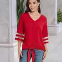 Women's V Neck Mesh Panel Sleeve Tops Tie Knot Hem Tops 2025 Summer Casual Blouses 3/4 Bell Sleeve Loose Shirt