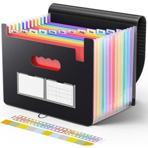 Sooez Accordion File Organizer, 13 Pockets Expanding File Folder, Portable Monthly Paper Bill Tax Receipt Organizer, Letter A4 Size Document Holder with Blank Labels, Black