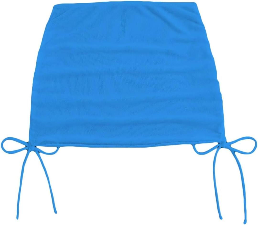 Women's Mesh Sheer Drawstring Solid Summer Bikini Cover Up Skirt (Azure)