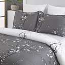 Soft Brushed Microfiber Duvet Cover Set with Zipper Closure and Corner Ties, Plum Blossom Branch Floral Printed Pattern, Grey and White Color, Reversible Design, King Size(104x90 Inches)