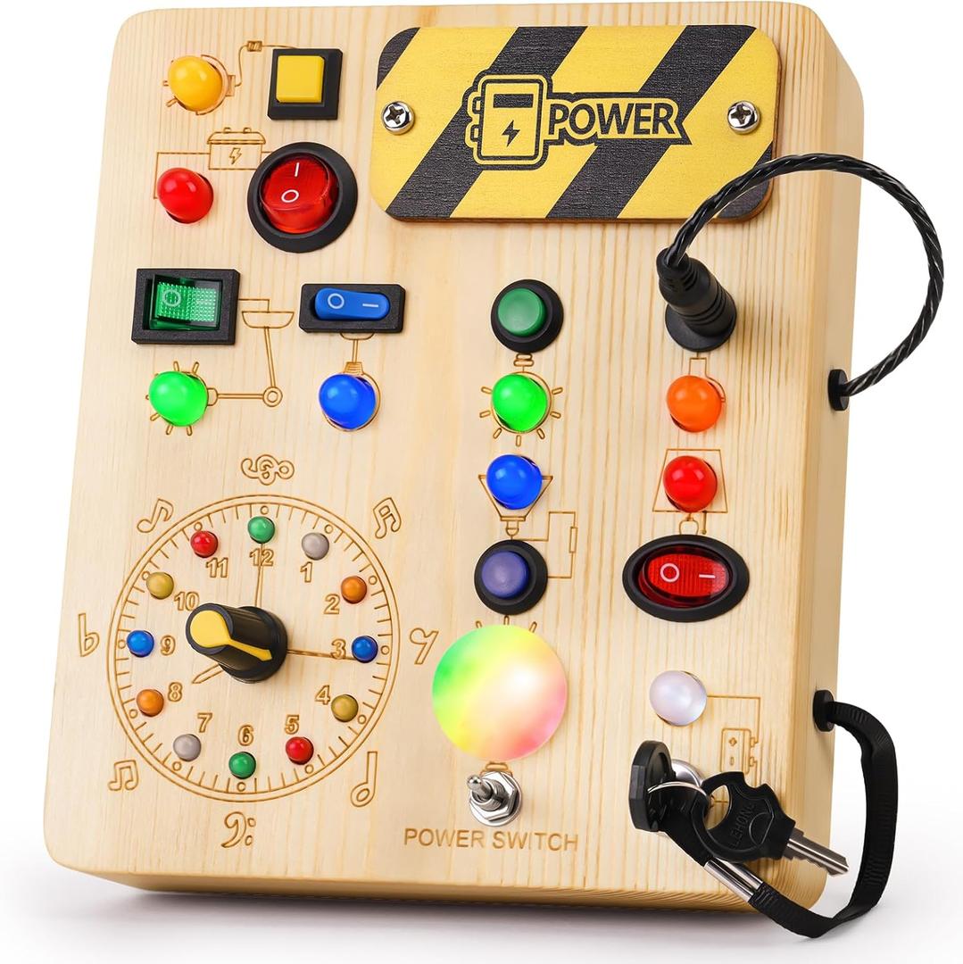 Busy Board With Led Light, Montessori Toys For 1-3 Years Old Boys Girls Wooden Toddler Toys Birthday Gift Educational Toys For 1+ Year Old, Toddler Travel Toys Sensory Toys For Kids With Autism