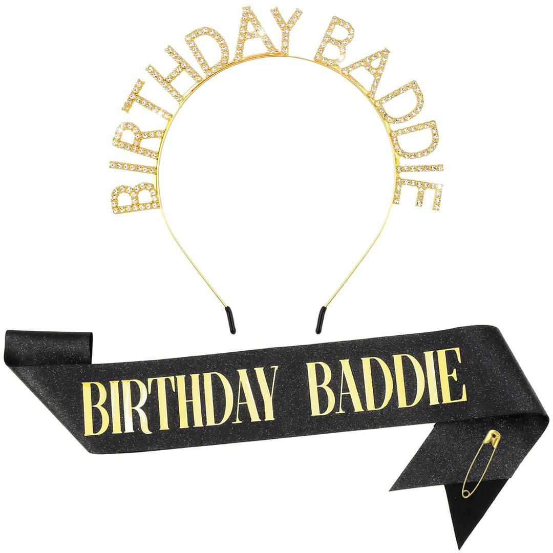 Birthday Baddie Sash and Crown Tiara for Women Girls - Black Glitter with Gold Foil Birthday Girl Sash and Rhinestone Headband Funny Party Favor Decorations