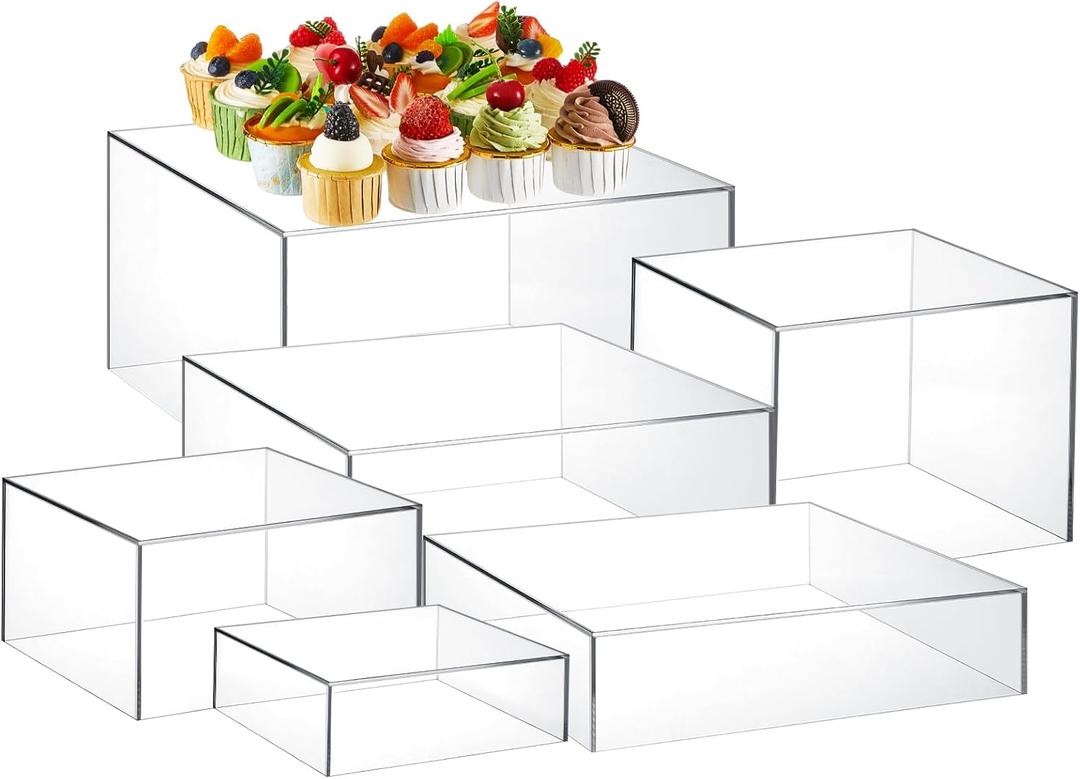Leinuosen 6 Pcs Acrylic Buffet Risers Stands for Food Display Cubes Box, 6 to 11 Inch Square Catering Table Dessert Decorative for Wedding Brunch Setup Party Jewelry Collectible, Hollow Bottom (Clear)