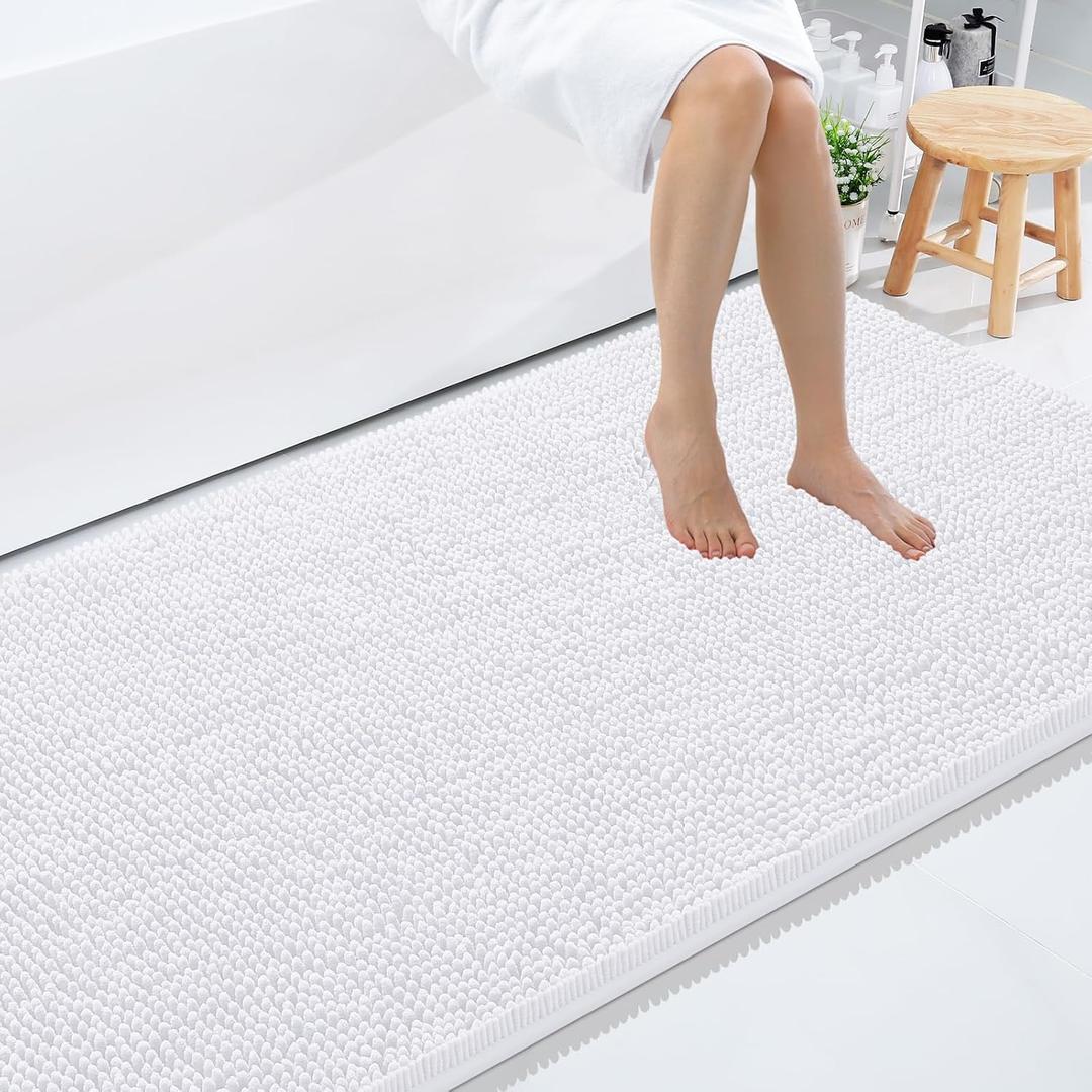 Smiry Luxury Chenille Bathroom Rugs 50x30, Extra Soft and Absorbent Shaggy Bath Mat, Machine Washable, Non-Slip Plush Carpet Runner for Tub, Shower, and Floor, Home Decor Accessories, White