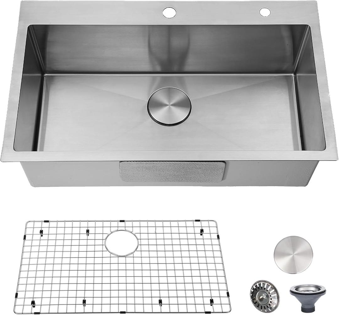 30 inch Drop in Kitchen Sink, Topmount Single Bowl 304 Stainless Steel Handmade Satin Finish Kitchen Sinks with Dish Grid and Strainer