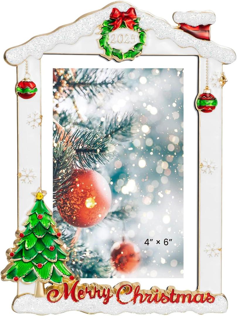 2025 Christmas Metal Picture Frame | 4x6 / 5x7 Holiday Premium Frame with Snowflake & Festive Designs | Elegant Home Dcor & Christmas Gift Choice (white-gold house)