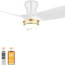 30" White low profile Ceiling Fan with Light, with Gold Trim Ring, Large Air Volume, flush mount ceiling fan for Bedroom Kitchen Dining room Patio