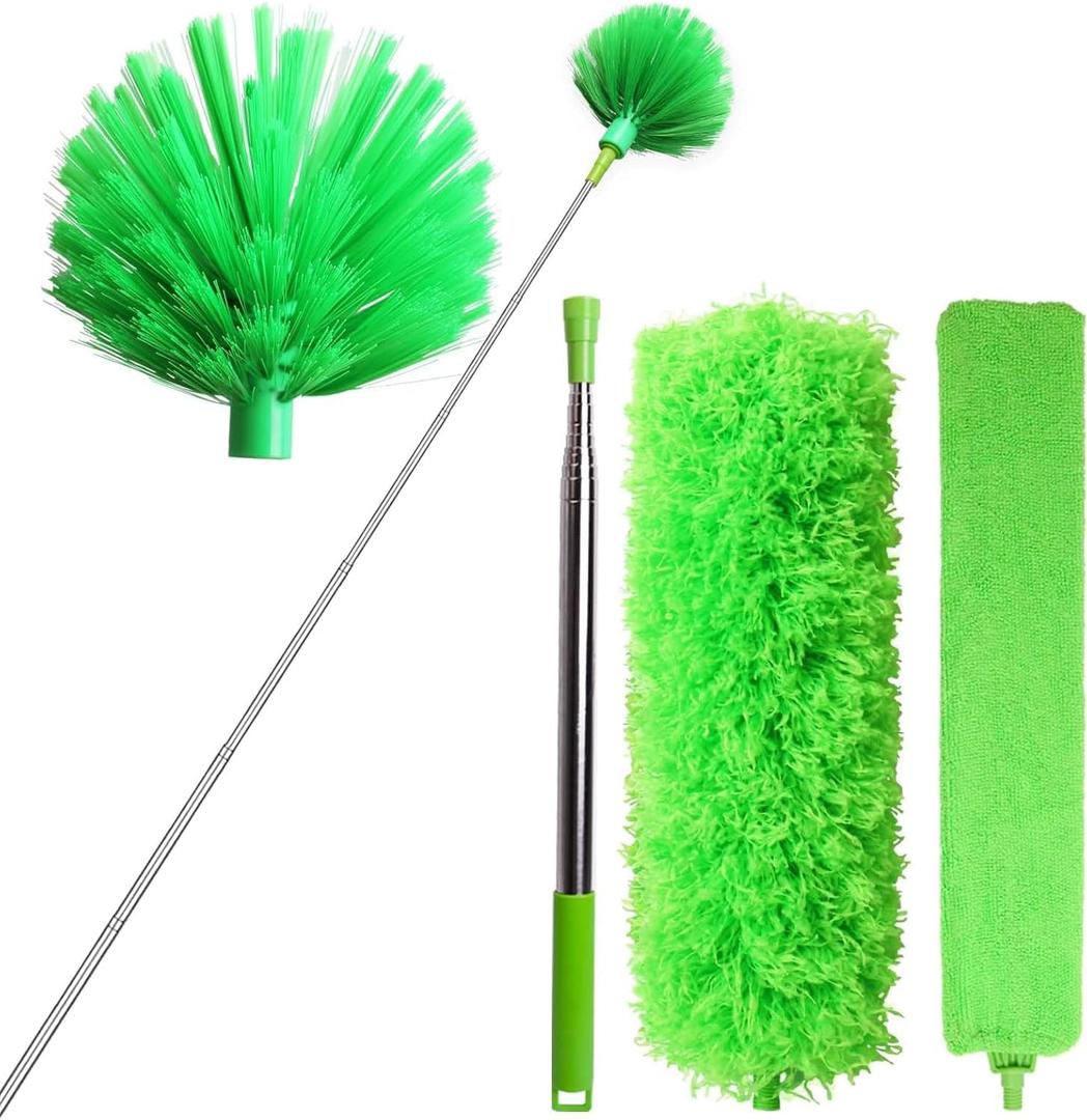 Cobweb Duster with Extension Pole, Bafezoze Ceiling Fan Duster with Long Handle, Spider Web Brush Flat Duster for Under Appliances High Ceilings Outdoor, Cobweb Duster 4PCs