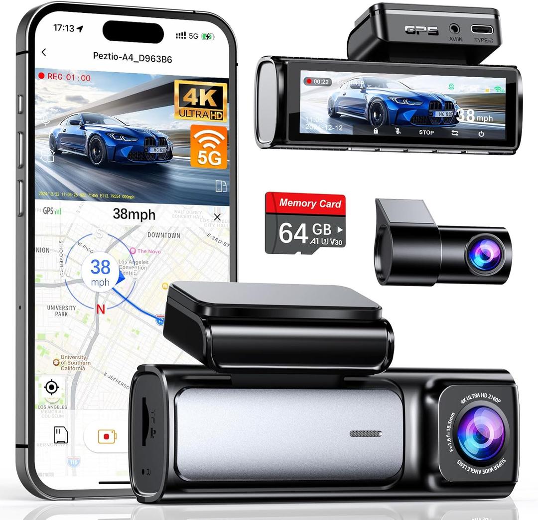 4K Dash Cam Front and Rear, Built-in 5G WiFi GPS, 64GB Card Included, 3.59'' IPS Screen Dash Camera for Cars, Dual Dashcam