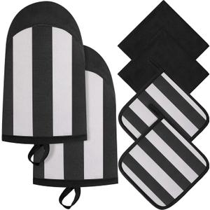 6 Pcs Oven Mitts and Pot Holders Sets with Towels, Stripe Kitchen Oven Glove High Heat Resistant 500 F Mitt Set Cotton Terry Outdoor Indoor Garden Baking Cooking BBQ Gift (Black)