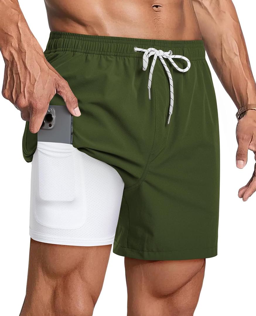 Gleeease Mens Swim Trunks 5 Inch with Compression Liner Mens Bathing Suit | Quick Dry Swim Trunks Men Zipper Pockets No-Chafe Stretch Drawstring Elastic Waistband Solid Board Short Beach Surf Fishing (Green, S)