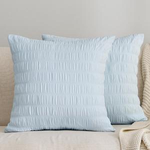 JELLYMONI Seersucker Throw Pillow Cover 18 x 18 inch, 2 Pack Textured Pillow Covers with Zipper Closure, Breathable Baby Blue Decorative Pillowcase for Stylish Bedding & Couch (Insert Not Included)