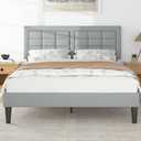 VECELO Queen Size Bed Frame with Adjustable Headboard, Upholstered Button Tufted Platform Bedframe with Wood Slats Support, No Box Spring Needed, Linen & Light Grey