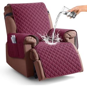 KinCam 100% Waterproof Recliner Chair Cover, Reclining Couch Covers for Pets, Dogs, Recliner Couch Slipcover Furniture Protector with Elastic Straps for Kids(23.6", Burgundy)