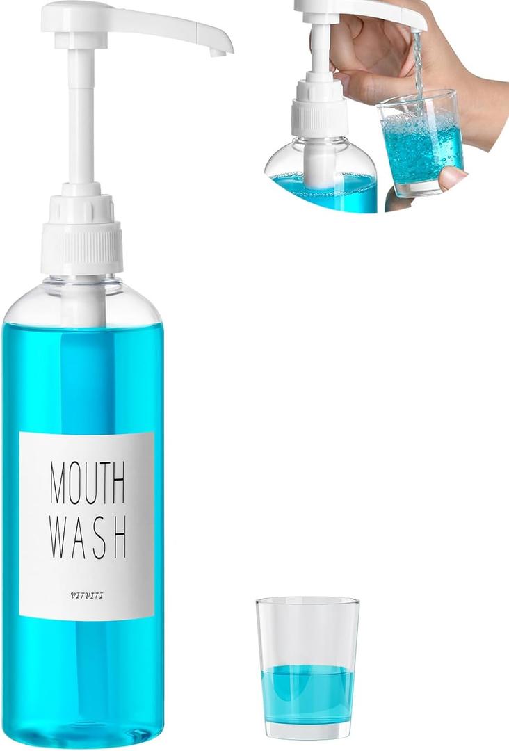 VITVITI Plastic Mouthwash Dispenser for Bathroom, 17 OZ Pump Mouth Wash Container Bottle with Cup, Clear Refillable Mouthwash Dispenser with Labels