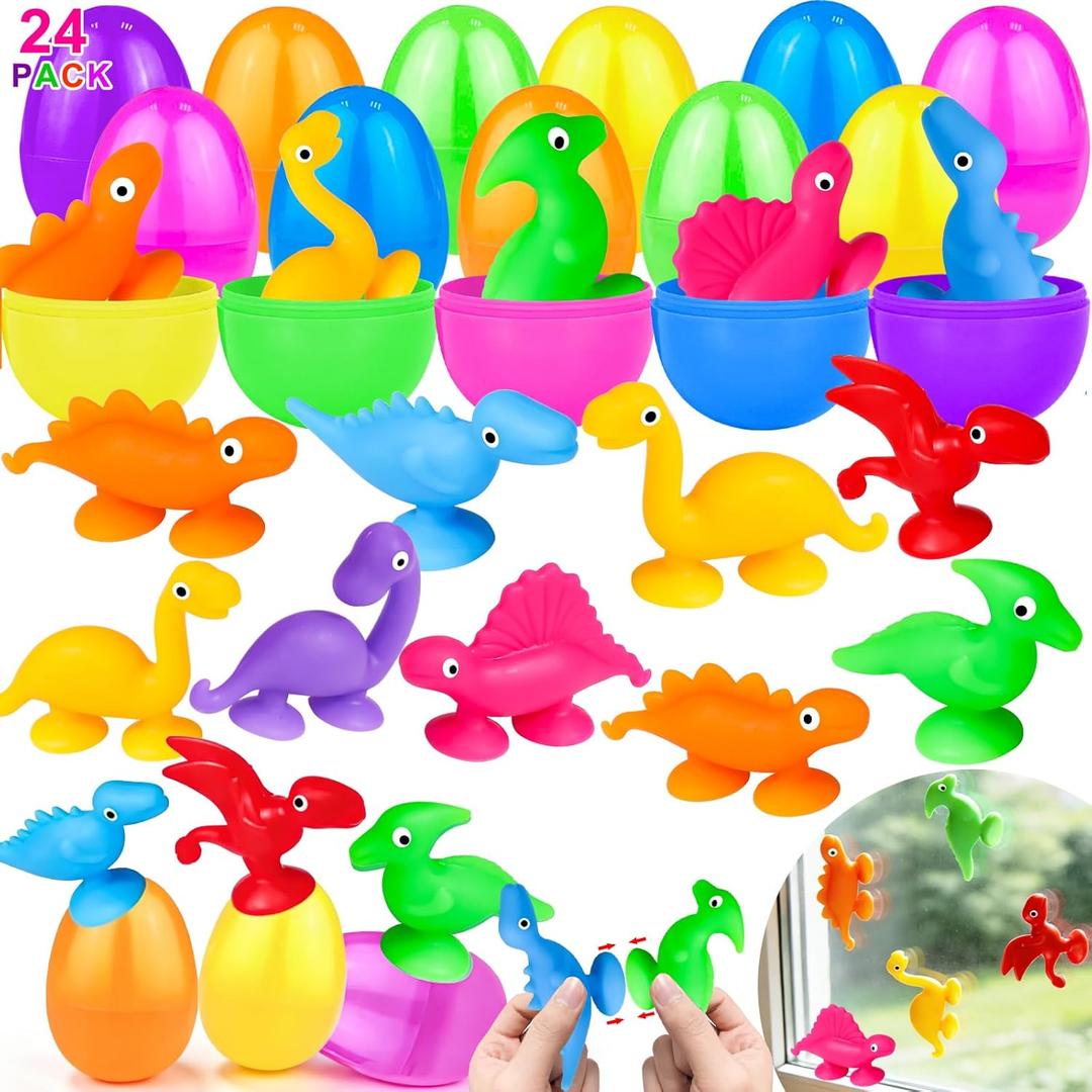AMENON 24 Pcs Prefilled Easter Eggs with Animal Dinosaur Suction Cup Bath Toy Easter Basket Stuffers Filler Stress Relief Sensory Fidget Window Surprise Easter Hunt Party Favors Gifts for Kids Toddler