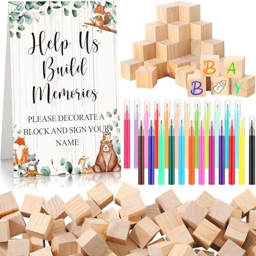 Dinifee 125 Pcs Baby Shower Decorate a Block Game Set Includes Help Us Build Memories Sign 100 DIY Blank Wooden Block 24 Paint Marker Prize for Wedding Baby Shower Game(Forest Animal)