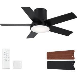 42 Inch Ceiling Fans with Lights and Remote, Flush Mount Black Ceiling Fan for Bedroom Living Room Indoor/Outdoor, Quiet 6 Speed Reversible DC Motor, 3CCT, Dual Color 5 Blades, ETL Listed