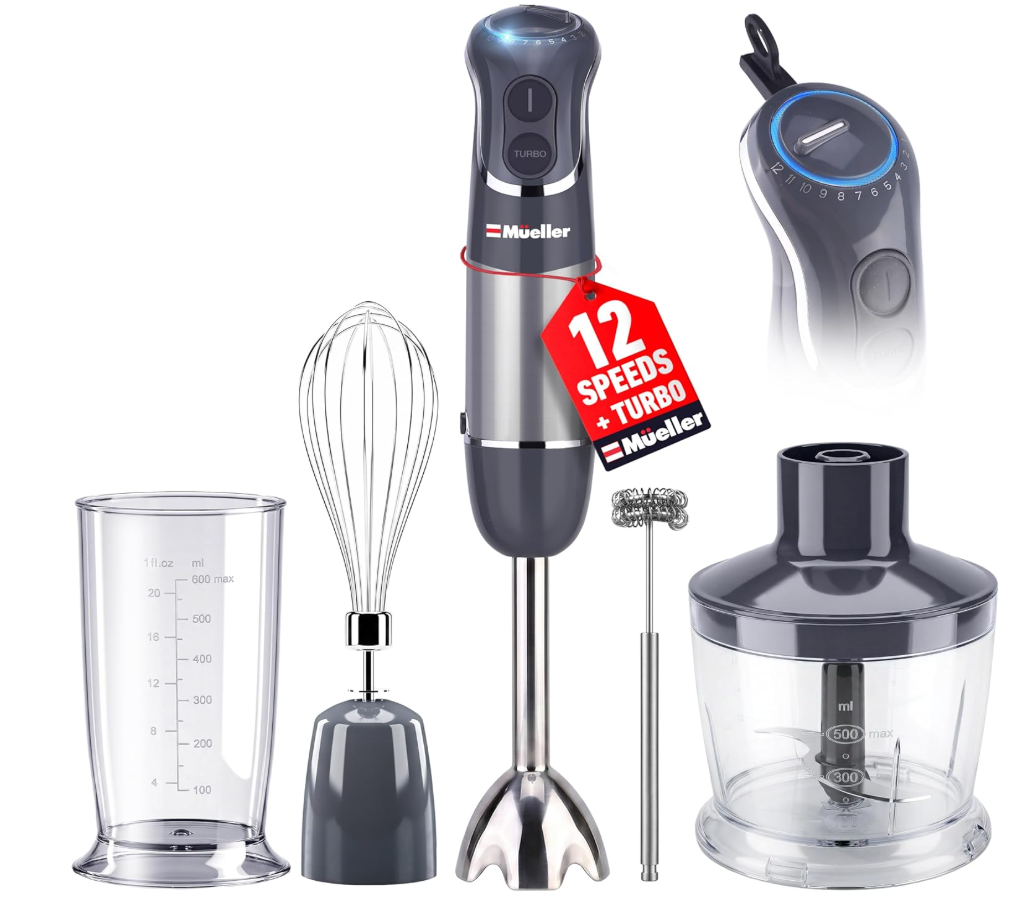 Mueller Multistick 5-in-1 Immersion Blender Handheld,12 Speed Hand Mixer-Turbo Boost,Heaviest Duty Copper Motor,Titanium reinforced Blades Hand Blender,Milk Frother Wand,Whisk,Beaker,Chopper,Grey