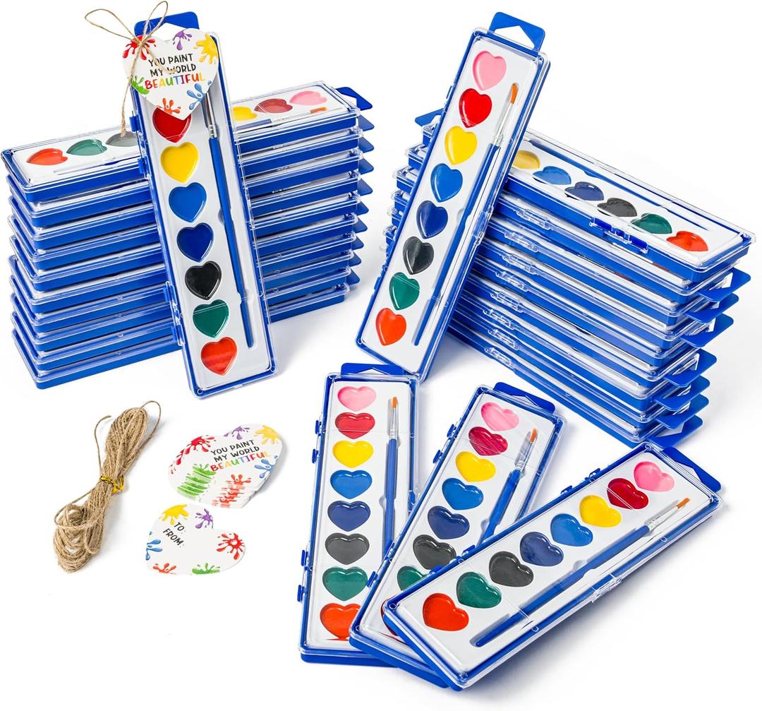 Watercolor Kids Card Set, 24 Pack Bulk Washable Paint Set, 8 Color Watercolor Paint with Brush, End of Year School Classroom Supplies Party Favors