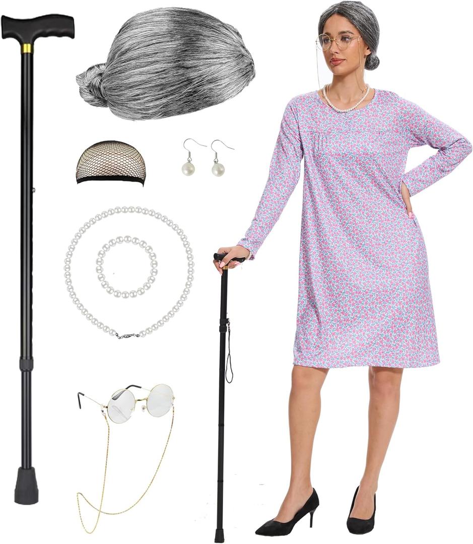 9PC Women Adult Old Lady Costume adult 100 Days of School Granny Grandma Wig Nightgown Dress Set (XXXL)
