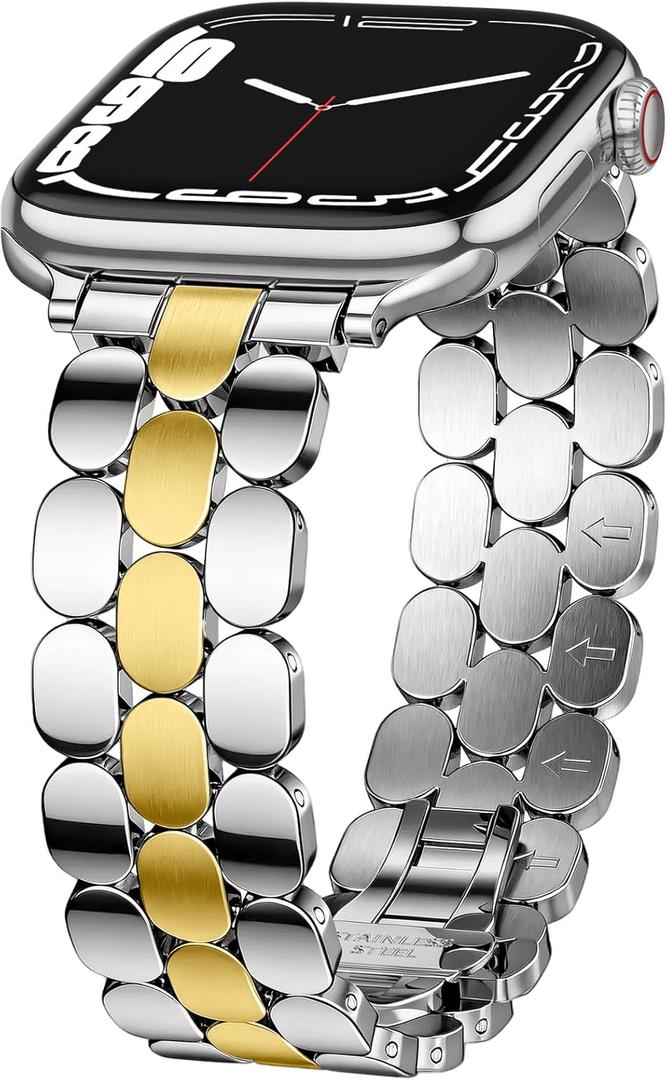SNBLK Metal Band Compatible with Apple Watch Bands for Women 40mm 41mm 42mm 38mm 44mm 45mm 46mm 49mm, Stainless Steel Dressy Strap for iWatch Series 11 10 9 8 7 6 5 4 3 2 1 SE Ultra (Silver Gold - Shiny&Brushed)