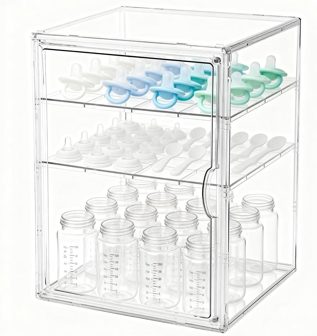 Baby Bottle Organizer, 3 Tiers Acrylic Bottle Storage Organizer Container, Clear Plastic Bottle Station Organizer Mom Gifts with 2 Adjustable Dividers for Kitchen Countertop, Bathroom, Cabinet, Vanity