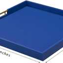 24x24 Inches Extra Large Blue Faux Leather Wrapped Wood Ottoman Tray with Golden Handles for Serving Food and Breakfast On Bed, Square Coffee Table Organizer, Home Decor and Decorative