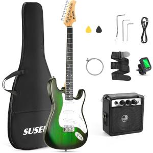 Electric Guitar, 39 Inch Solid Full-size Electric Guitar S-S-S Pickups Starter Kit Includes Amplifier, Bag, Digital Tuner, Strap, String, Cable, Picks，Mini AMP（Green)