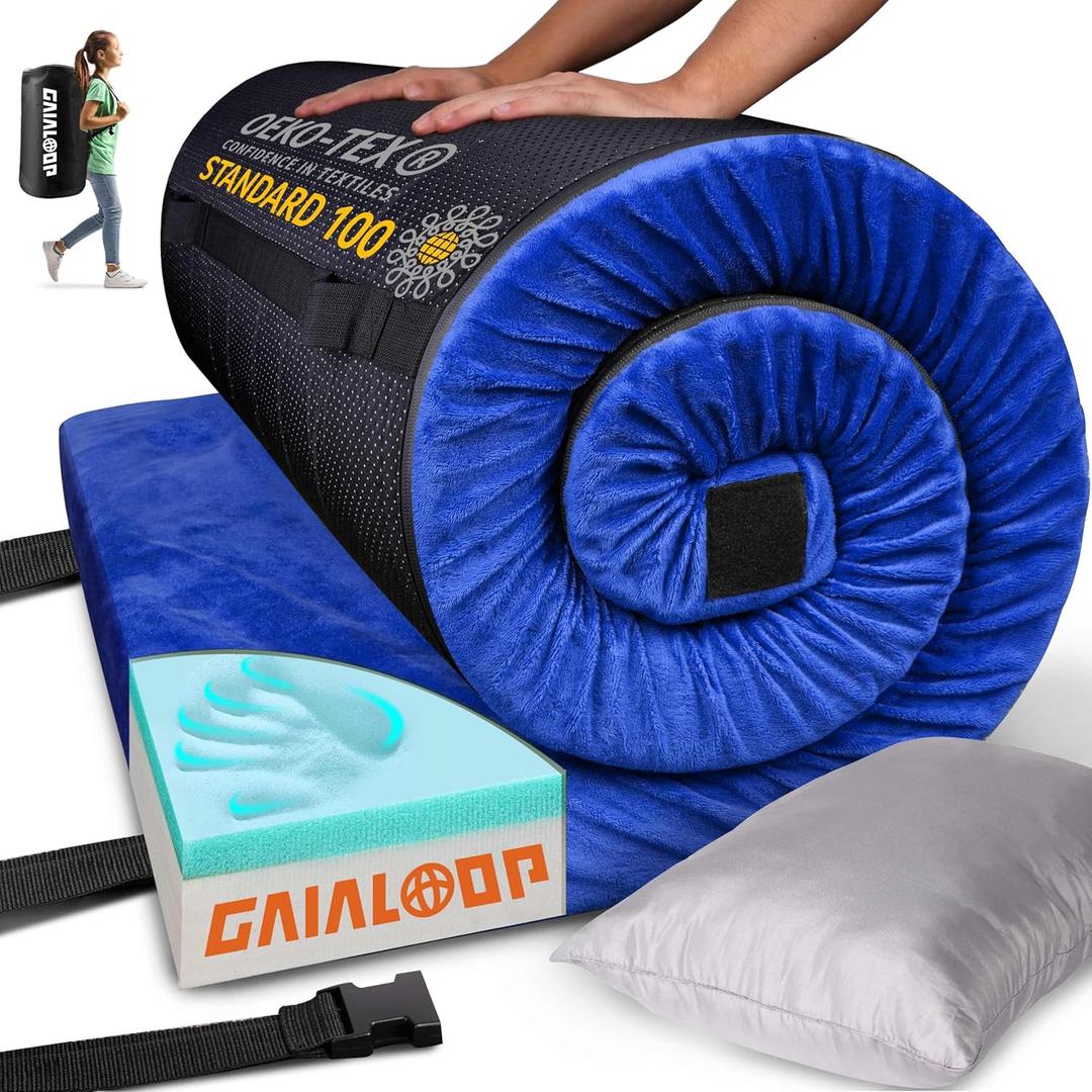 3 Inch GAIALOOP Thick Memory Foam Camping Mattress Sleeping Pad [Car/Tent/Cot] Glamping Portable Floor Mat Roll Up Futon Mattress for Guests Sleepover (Lapis Blue)