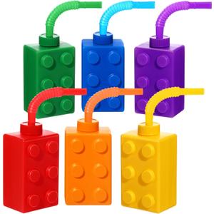 Sawysine 6 Set Building Blocks Cups 10 oz Blocks Reusable Party Favors Cup Plastic Colored Brick Drinking with Lids and Straws for Birthday Party Supplies Favors Decorations