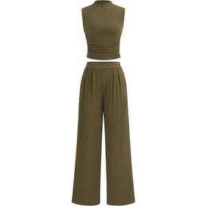 PRETTYGARDEN 2 Piece Sets for Women Summer 2025 Airport Travel Outfits Crop Tank Tops Wide Leg Pants Matching Lounge Sets (Green, XXL)