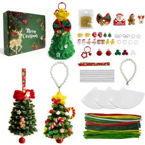 Pipe Cleaners Christmas Tree Ornaments Kit, Pipe Cleaner Craft Set Present for Holiday Family Activity, Handmade Christmas Hanging Decorations for Car, Wall, Mantels, Bedroom, Classroom, Office (Green - Gift Kit)