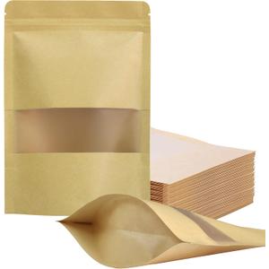 FireKylin 100 Pcs Resealable bags,5.5" x 7.9" Stand Up Paper Bags with Matte Window, Zipper Food Storage Bags for Packaging Products, Reusable, Sealable (Brown)