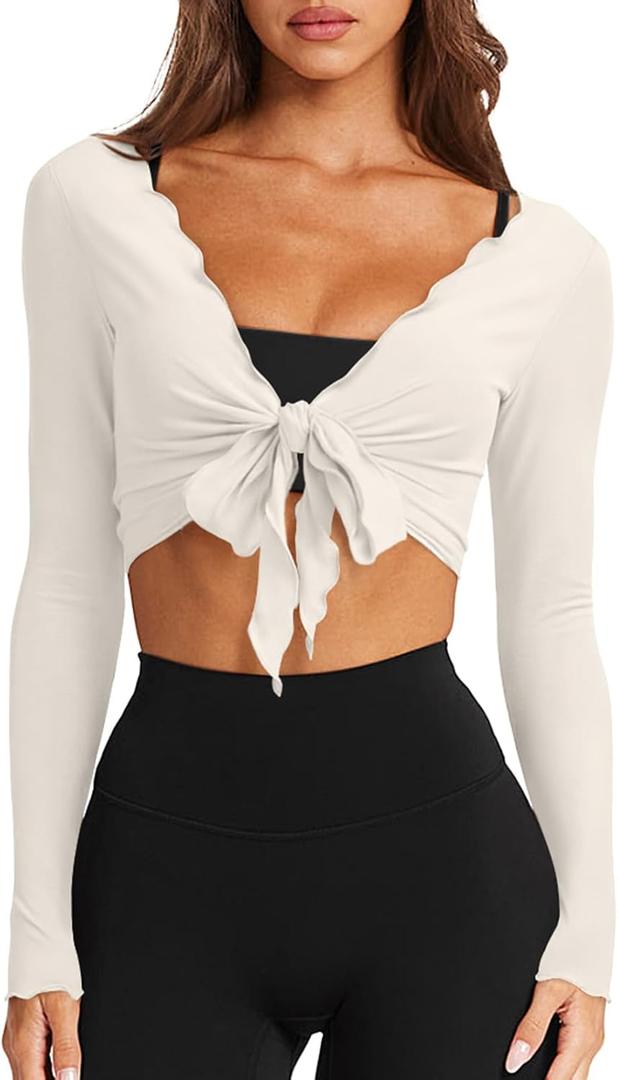 LASLULU Womens Tie Front Wrap Tops Long Sleeve Bolero Shrugs Crop Cardigan Yoga Ballet Cover-up Tops Pilates Outfits (Large, Beige)