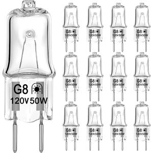 G8 Halogen Light Bulbs 50W 120V T4 JCD Type G8 Bi-Pin Base for Microwave Oven, Under Cabinet Puck Lighting, Candle Warmer Bulbs, 2700K Warm White, Dimmable, Pack of 12
