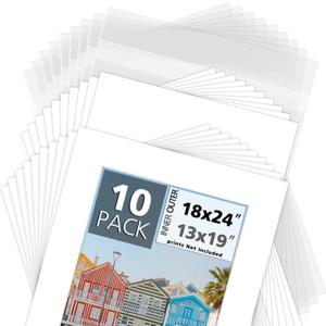 MBC MAT BOARD CENTER, Pack of 10-18x24 Pre-Cut 13x19 - White Mats - for Pictures, Photos, Framing - Kit Includes: 10 White Backboards and 10 Clear Bags - Acid Free, 4-ply Thickness, White Core