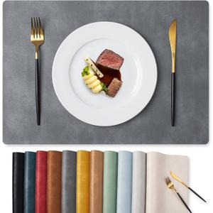 MOSAYT Vinyl Placemats Set of 8-12 X 17 Inch - Faux Leather 100% Waterproof Oil-Proof Wipeable PU Place Mats, Heat Resistant Reversible Table Mats for Kitchen, Dining, Outdoor (Grey) (Gray)
